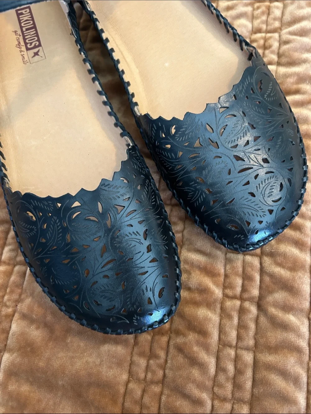 PIKOLINOS Black Laser-Cut Mary Jane Flats with Ankle Strap